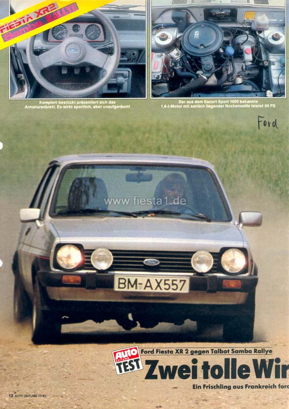[Image: "Zwei tolle Wirbelwinde. Ford Fiesta XR 2 gegen Talbot Samba Rallye."]