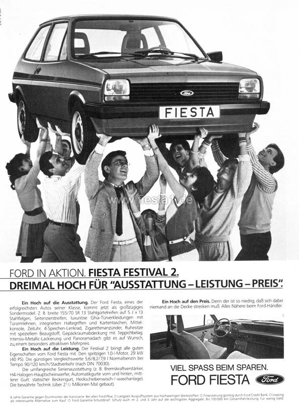 [Image: "Ford in Aktion. Fiesta Festival 2. Dreimal Hoch f&uuml;r 'Au&szlig;tattung - Leistung - Preis'."]