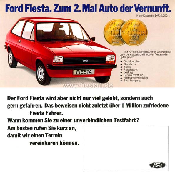 [Image: "Ford Fiesta. Zum 2. Mal Auto der Vernunft."]