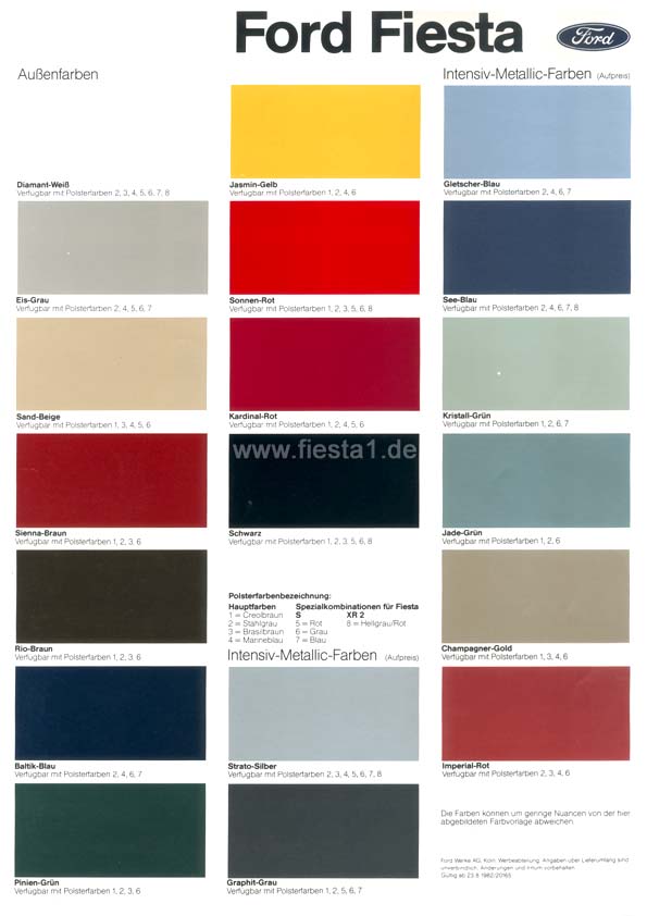 [Image: "Ford Fiesta. Au&szlig;enfarben. Polsterfarben/Polsterstruktur."]