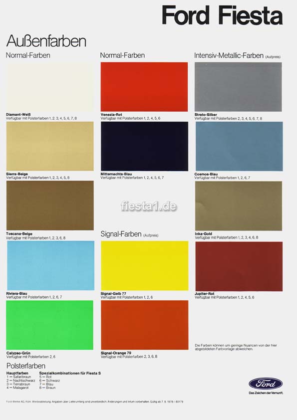 [Image: "Ford Fiesta. Au&szlig;enfarben. Polsterfarben/Polsterstruktur."]